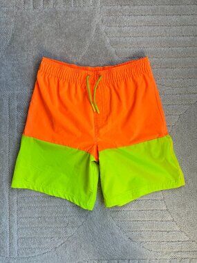 Ocean Gear Boys Swim Trunks L 10-12 Neon Orange Lime Green Colorblock Shorts